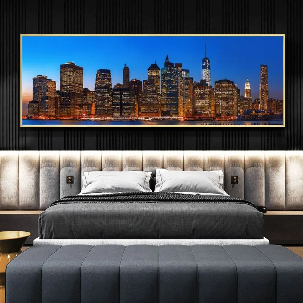 New York City Night Skyline Landscape Paintings Print on Canvas Art Posters and Prints Manhattan View Art Pictures Home Decor2360