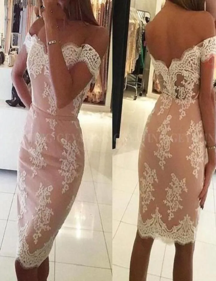 Blush Pink With White Lace Party Prom Dresses Sheath 2022 With Sleeves Off The Shoulder Short Cocktail Party Evening Elegant F1667052
