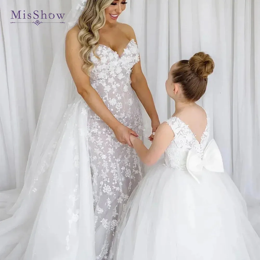 MisShow – robes à fleurs blanches pour filles, robe de soirée de mariage en Tulle avec nœud papillon, Vintage, avec longue traîne en dentelle, robe de première communion, 240309