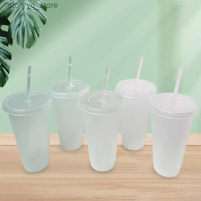 Muggar 24oz Clear Cup Plastic Mugs Transparent Tumbler Summer Återanvändbar kall drickande kaffemugg mugg med lock och halm L240312