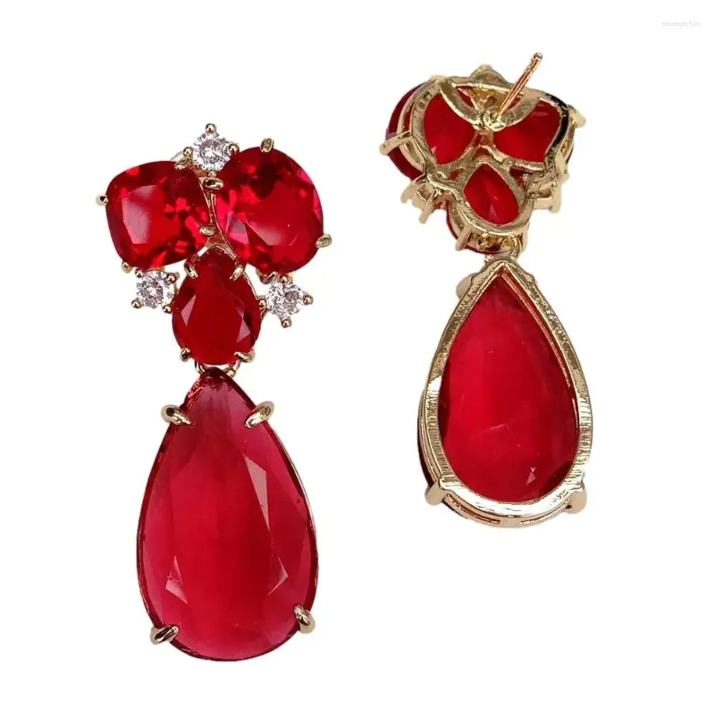 Studörhängen Yygem 14x22mm Red Crystal Cz Drop Gold Plated Stone Earring smycken