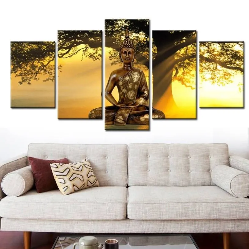 Modernt landskap duk tryck modern modeväggkonst Buddha -träden i solnedgången för heminredning nr ram255m