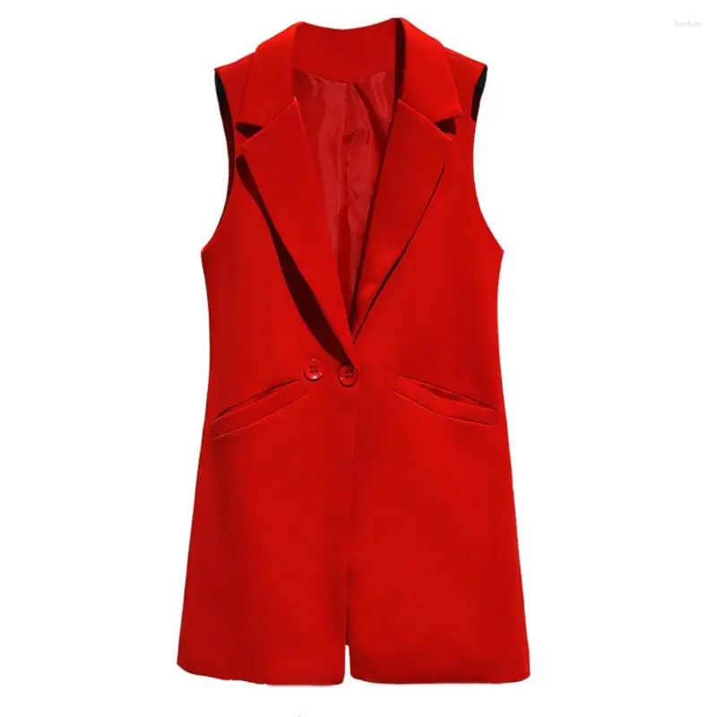 Coletes femininos com decote em v jaqueta elegante sem mangas longo terno casaco com botão único bolso fino formal ol comute estilo para o trabalho