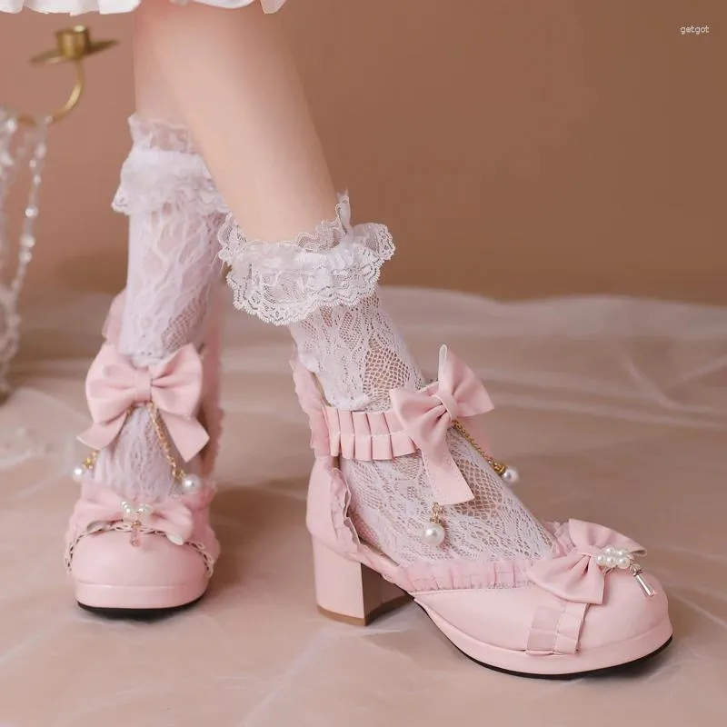 Robe chaussures rose blanc lolita style cosplay doux noeud papillon filles princesse demoiselle plate-forme dentelle volants perles femmes fête sandales de mariage