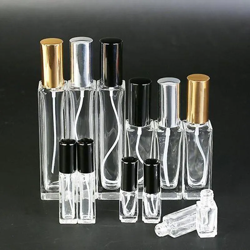 3/6/10/20/30/ml frasco de spray de vidro quadrado recarregável perfume atomizador vazio frascos de parfum de vidro transparente ouro preto tampa de prata f20172208 clcf