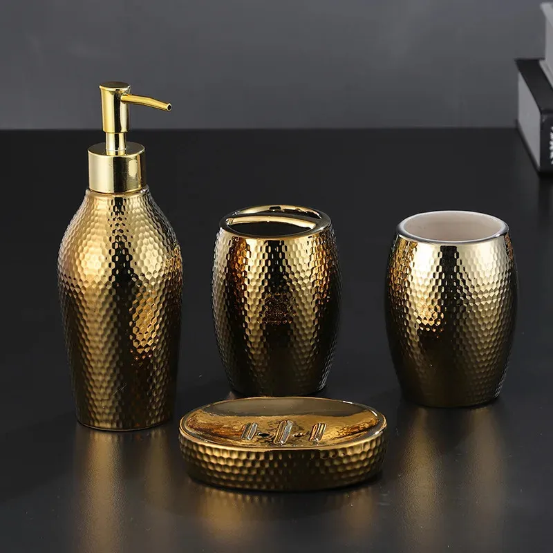 4 pcs lot Nordic golden ceramic wash set Bathroom Accessories Soap Dispenser Toothbrush Holder Supplies 240228