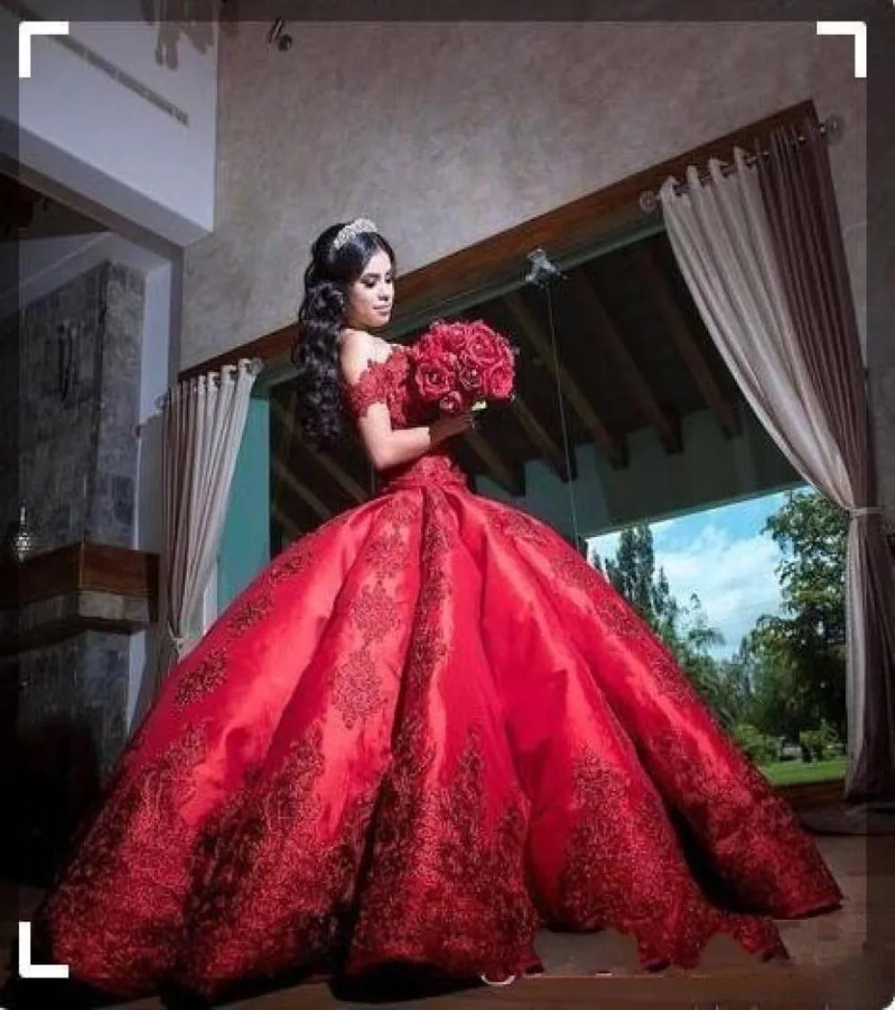 Robe de bal rouge bon marché, robes de Quinceanera pour filles, en Satin, épaules dénudées, avec des Appliques, longue robe de bal, 16 ans, robes formelles2809845
