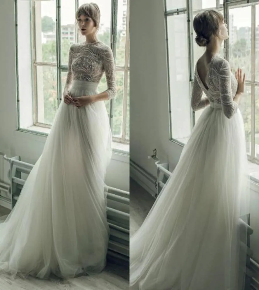 Ersa Atelier Abiti da sposa Una linea Gioiello Collo Perline di pizzo Perle Sweep Train Manica lunga Abiti da sposa Personalizzato Taglie forti Spiaggia Weddi2493037