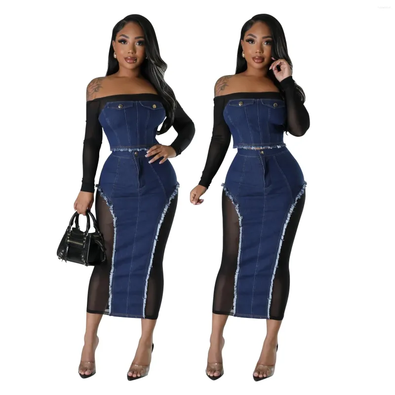 Work Dresses Fashionable Mesh Denim Splicing See-through Top Two-piece Skirt Set 2024 Slash Neck Long Sleeves T Shirt Casual Sexy