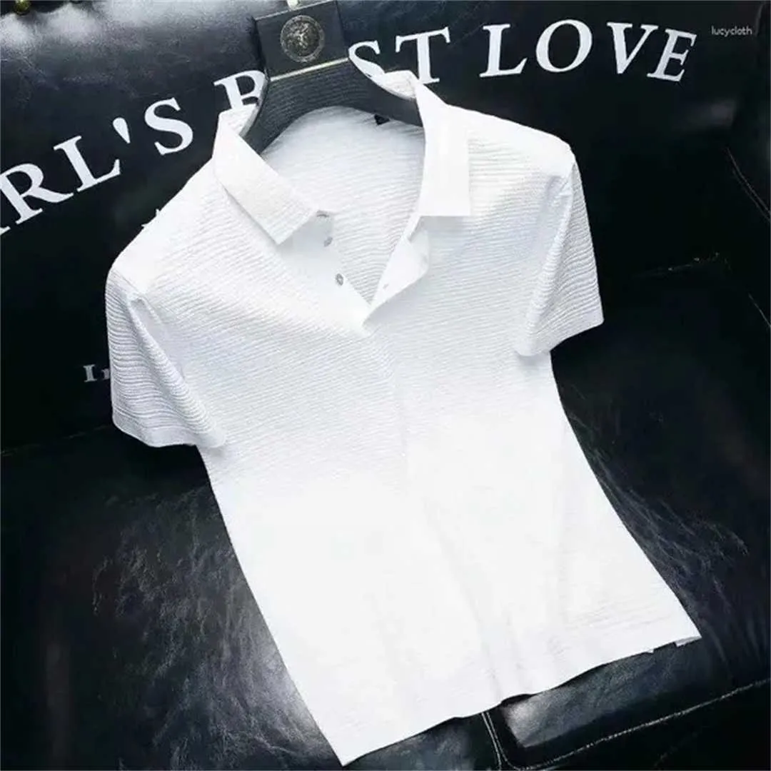 Polo en soie glacée pour hommes, chemises décontractées, manches courtes, coupe cintrée, haut de gamme, T-shirt blanc, tendance, bas SP8E