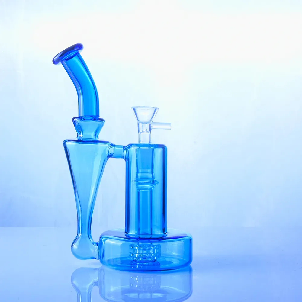 8 inch scientific glass bong blue unique recycler dab rig showerhead glass smoking pipe with bowl