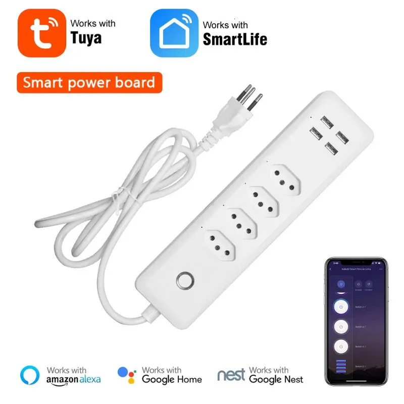 Tuya Wifi Smart Power Strip Outlets Plug 4 4USB Ports BR Standard APP Remote Control Timing Work With Alexa Home 240228