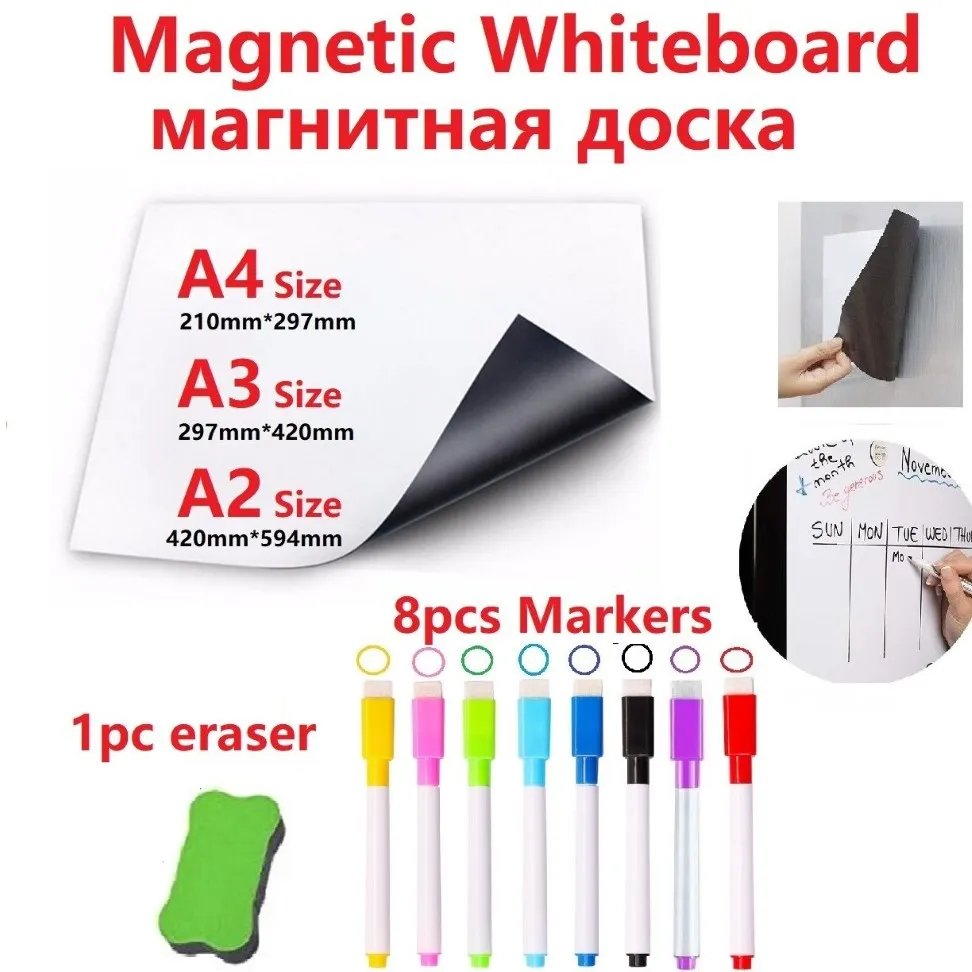 Magnetic White Board Fridge Magnets Dry Wipe White Board Magnetic Marker Pen Eraser Vinyl Whiteboard Board for Records Kitchen 201260I