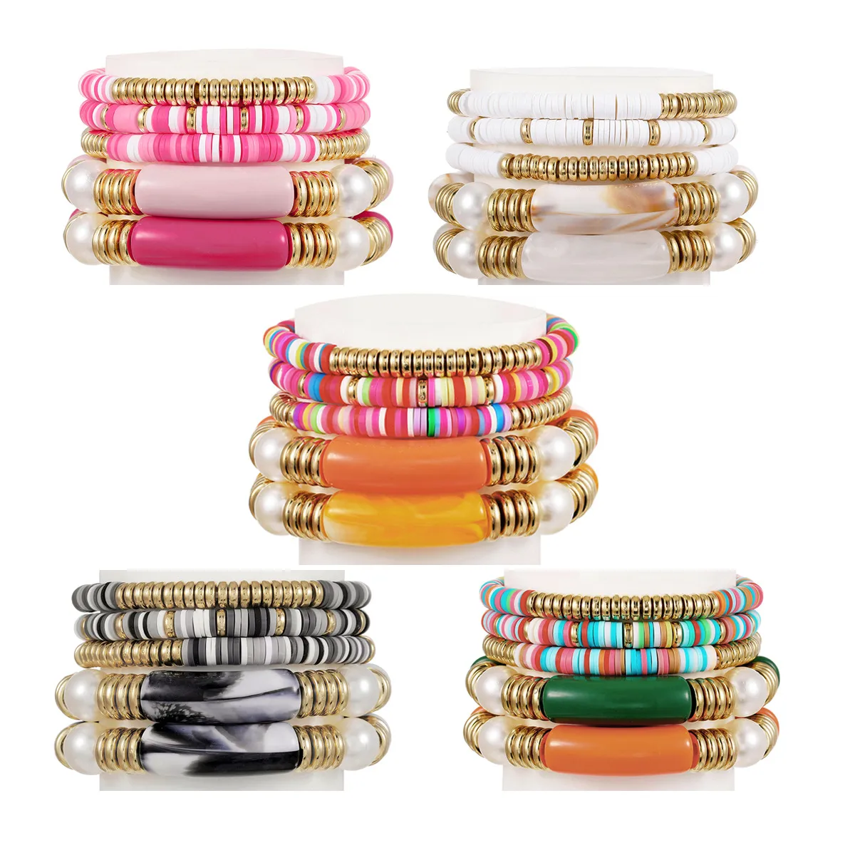 5PCS Soft Clay Gold Charm Bracelets Zestaw Kolorowe akrylowe perłowe surfer etniczny Heishi Stretch States Strands Stackable Bohemian Summer Beach Przyjaźń Biżuter