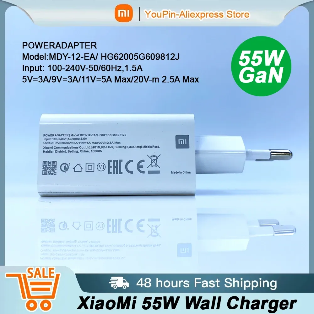 オリジナルXiaomi 55W Gan European Fast Charger Typec Fast Cable for Xiaomi 11 10 10Lite Redmi Note 9 Pro 10 K40 30 Pro