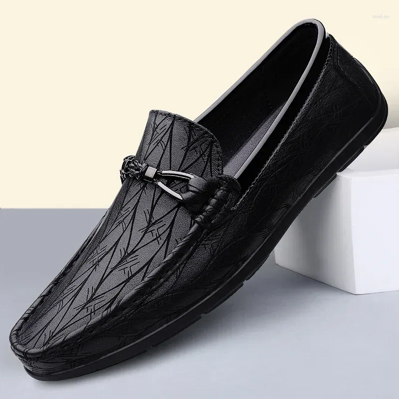 Casual Shoes äkta läder svarta affärer loafers män slip-on moccasin bekväm mjuk sula körning