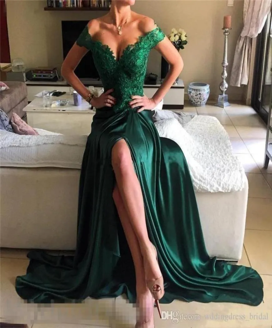 فساتين المملكة العربية السعودية Abito Cerimonia Donna Sera 2019 Deep V Neck Off Levels Green Satin Long Evening Dresses with Split5809318