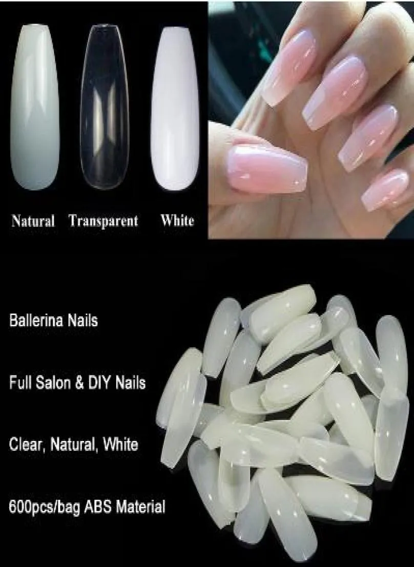 600pcsbag ballerina nagelkonst tips transparentnatural falsk kista naglar konst tips platt form fullt omslag manikyr falska nagelips5826747