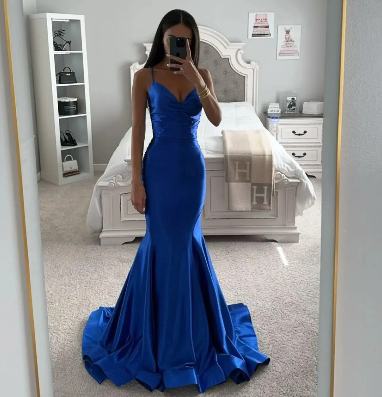 chinese dress ladies Simple Blue Satin Mermaid V-neck Long Prom Dress, Evening Gowns, MP687 main image 0