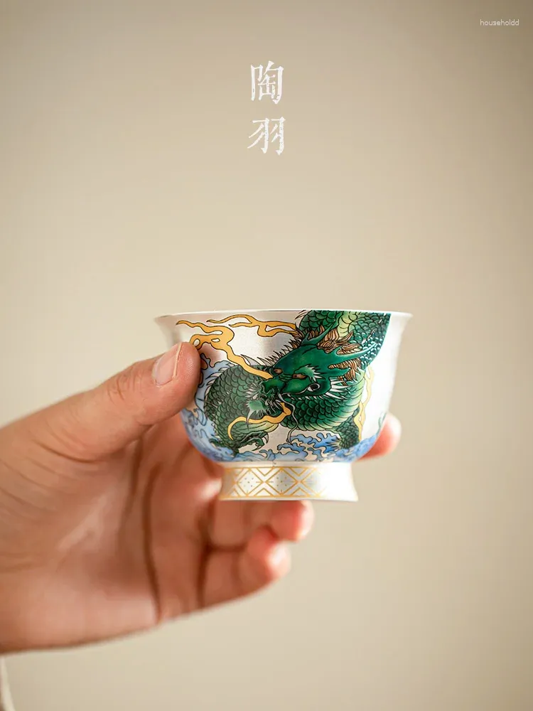 Teetassen, vergoldeter Meister, einzelne Qinglong-Schüssel aus reiner Silberkeramik, persönliche spezielle Kung-Fu-Set-Tasse