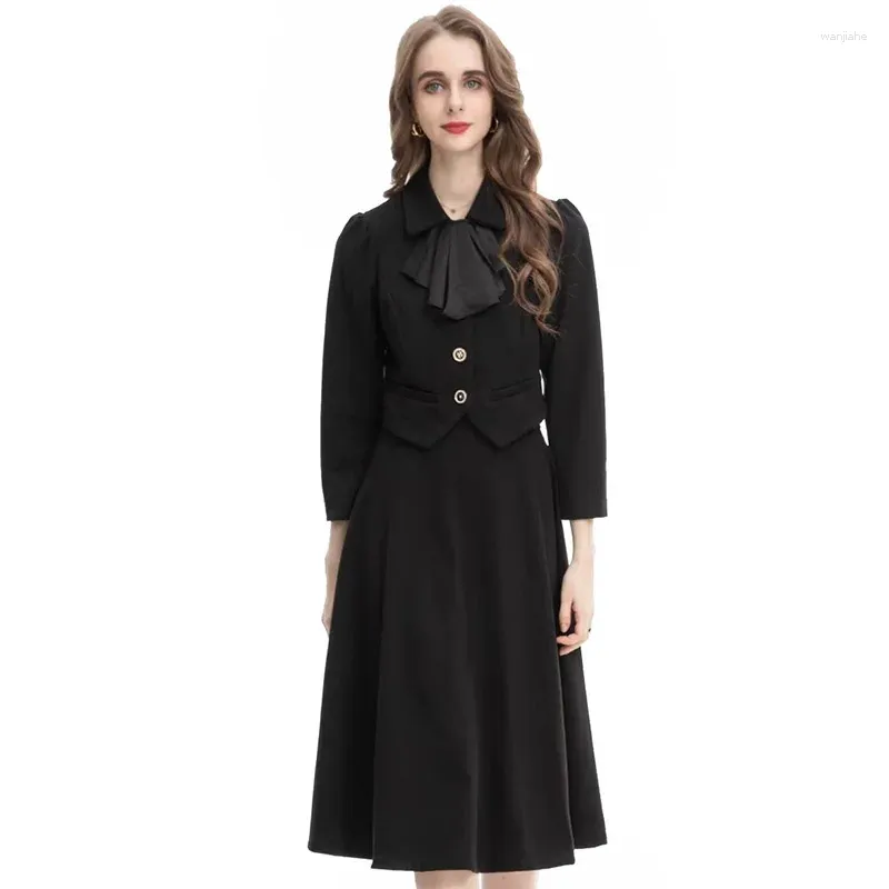 Work Dresses Fashion Runway Autumn Winter Black Suit Female Turn-down Collar Long Sleeve Coat Skirt 2 Piece Sets Women Outfit