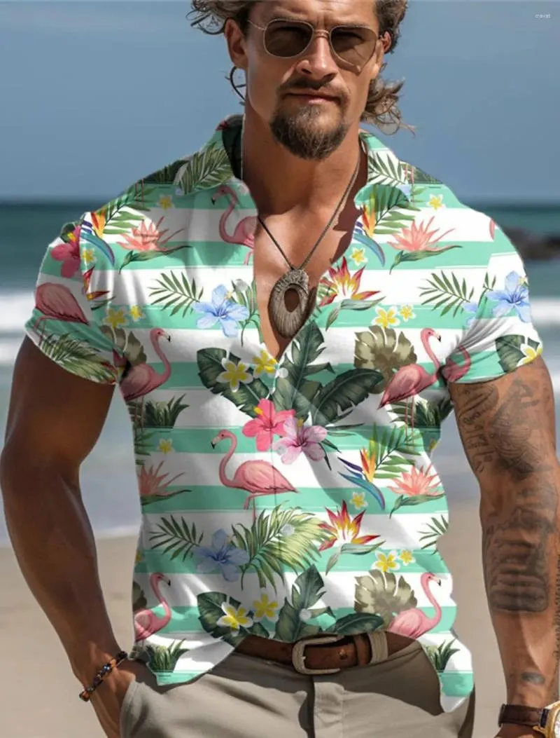 Mäns casual skjortor 2024 flamingos skjorta utomhus street dagligen sommarurnering kort ärm rosa blå grön hawaiian stil