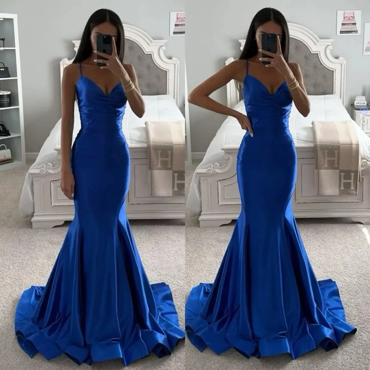 Abito da ballo a sirena blu royal per ragazza nera spalline in raso abiti da sera formali eleganti volant pieghe abiti da festa per occasioni speciali robe de soiree