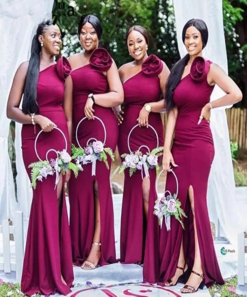 2020 Burgundy Bridesmaid Dresses One Shoulder Floor Length Sweep Train Silk Satin Side Slit Mermaid Wedding Party Bridesmaid Dress7256904