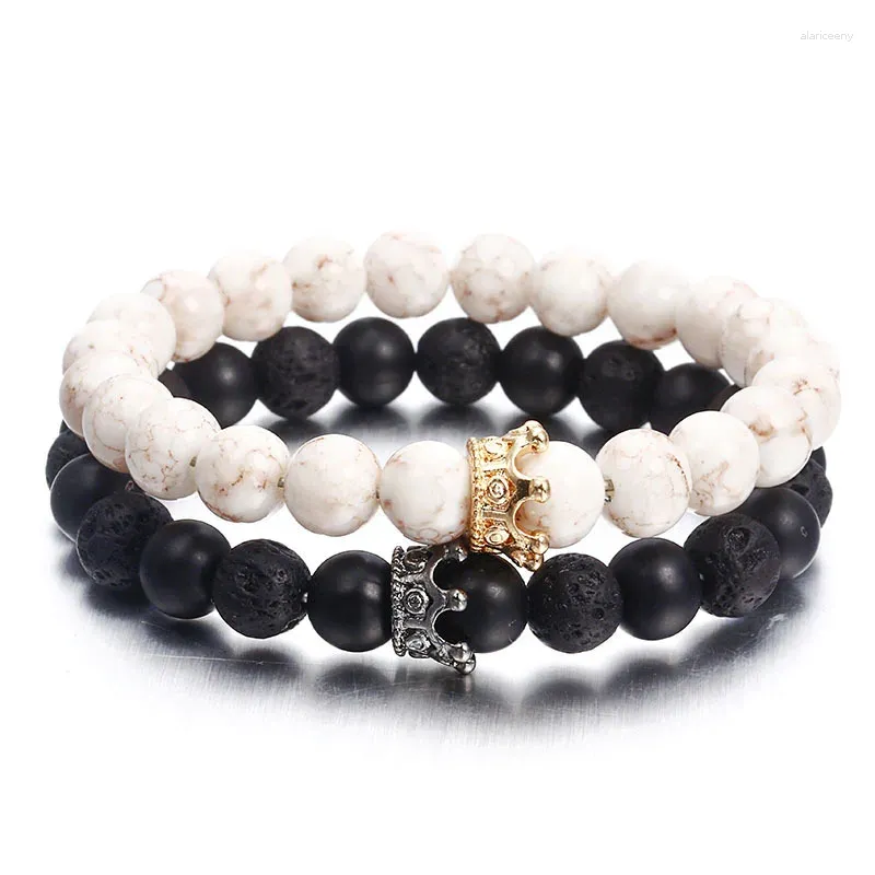 Braccialetti con ciondoli Bracciale in pietra vulcanica da 8 mm Coppie Distanza Nero Bianco Lava naturale per uomo Donna Corda elastica Regalo di gioielli