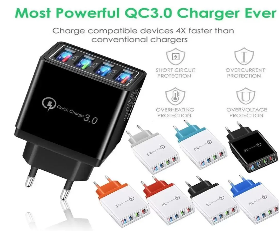 Chargeur mural Hub USB QC30 à 4 ports, Charge rapide, adaptateur d'alimentation 35a, prise ue US, chargeur de batterie de téléphone de voyage, socket4394232