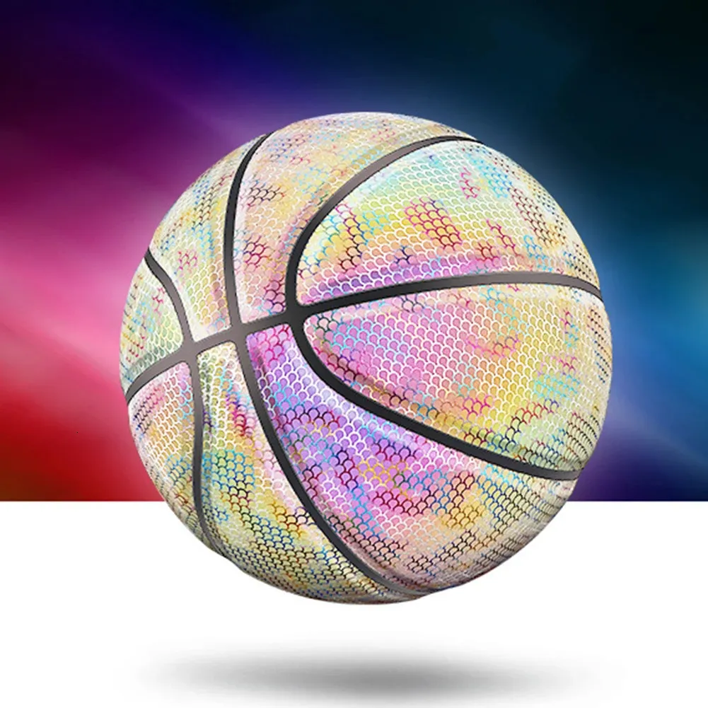 カラフルなホログラフィックリフレクティブバスケットボールボールPUレザーナイトゲームストリートゲーム光るバスケットボールスポーツラミナスバスケットボール240229