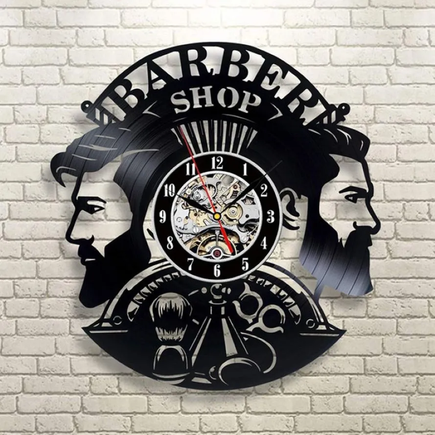 Barber Shop Wall Clock Modern Barbershop Decoration Vinyl Record Wall Clock Hanging Hairdresser Wall Watch for Barber Salon Y20011333S