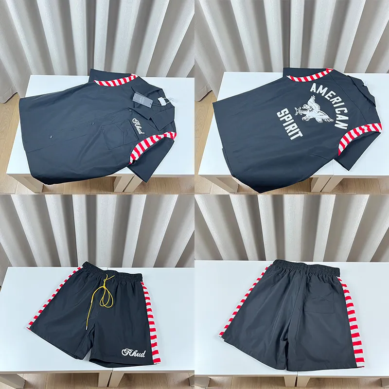 24SS USAイーグル刺繍レターティービーチストライプパッチワーク半袖カジュアルシャツ夏サマーTシャツTshirtショーツトランクセット別々に販売0312