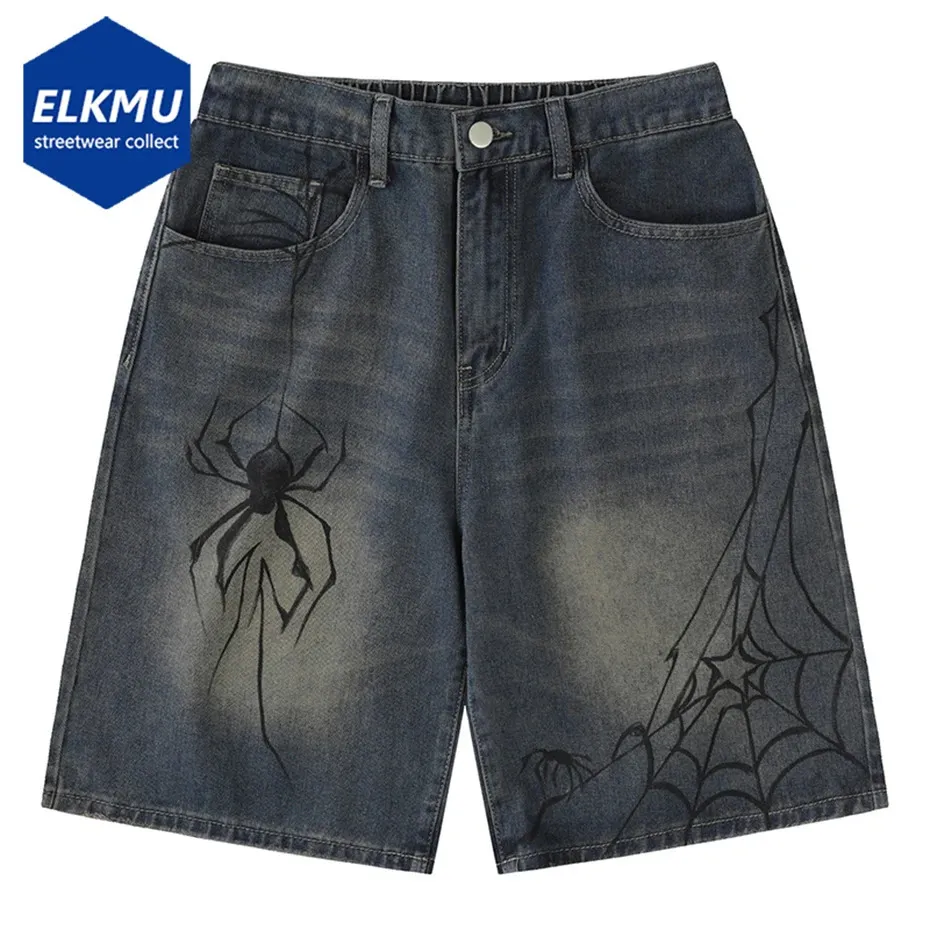 Y2K Blue Denim Shorts Spider Babeb wydrukowano Summer Loose Casual Donss Shorts Fashion Harajuku Hip Hop Streetwear For Men 240306