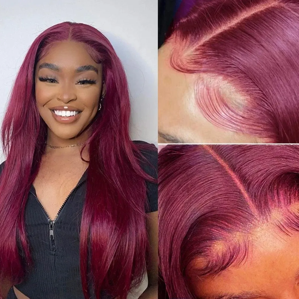 Perruque Lace Frontal Wig naturelle lisse bordeaux 99J HD, sans colle, prête à porter, couleur rouge 180%, 13x4 HD