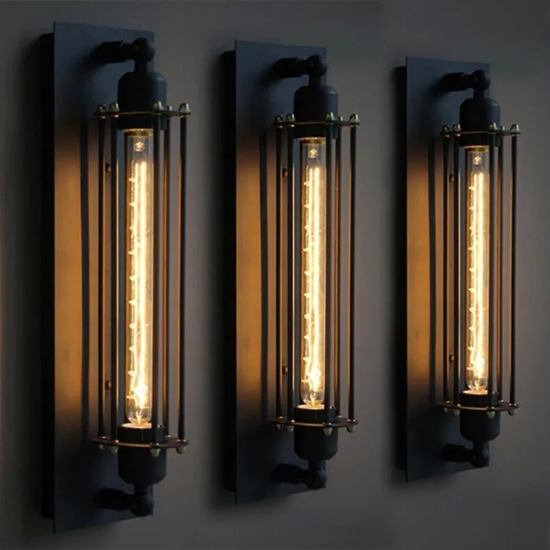 Loft American Vintage Industrial Wrought Iron Wall Sconce LED Black Retro Bar Cafe Aisle Wall Lights2675