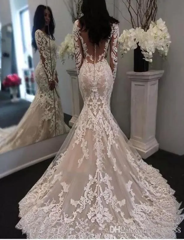 2021 Illusion Long Sleeves Full Lace Mermaid Wedding Dresses Tulle Court Train Bridal Gowns With Buttons7494490