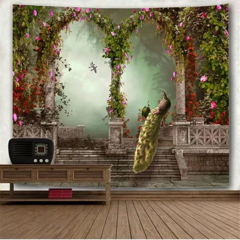 Tapestries Beautiful Garden Peacock Arch Picture Mandala Wall Hanging Tapestry Vintage Forest Blanket European Carpet Sofa242a