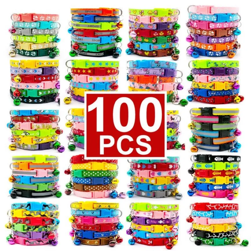 Gola de cães 100 x de 100 x com sino para cão de colarinho ajustável Acessórios para produtos para animais de estimação Buckles Id Tag Cat Paw Puppy Collar 201216k