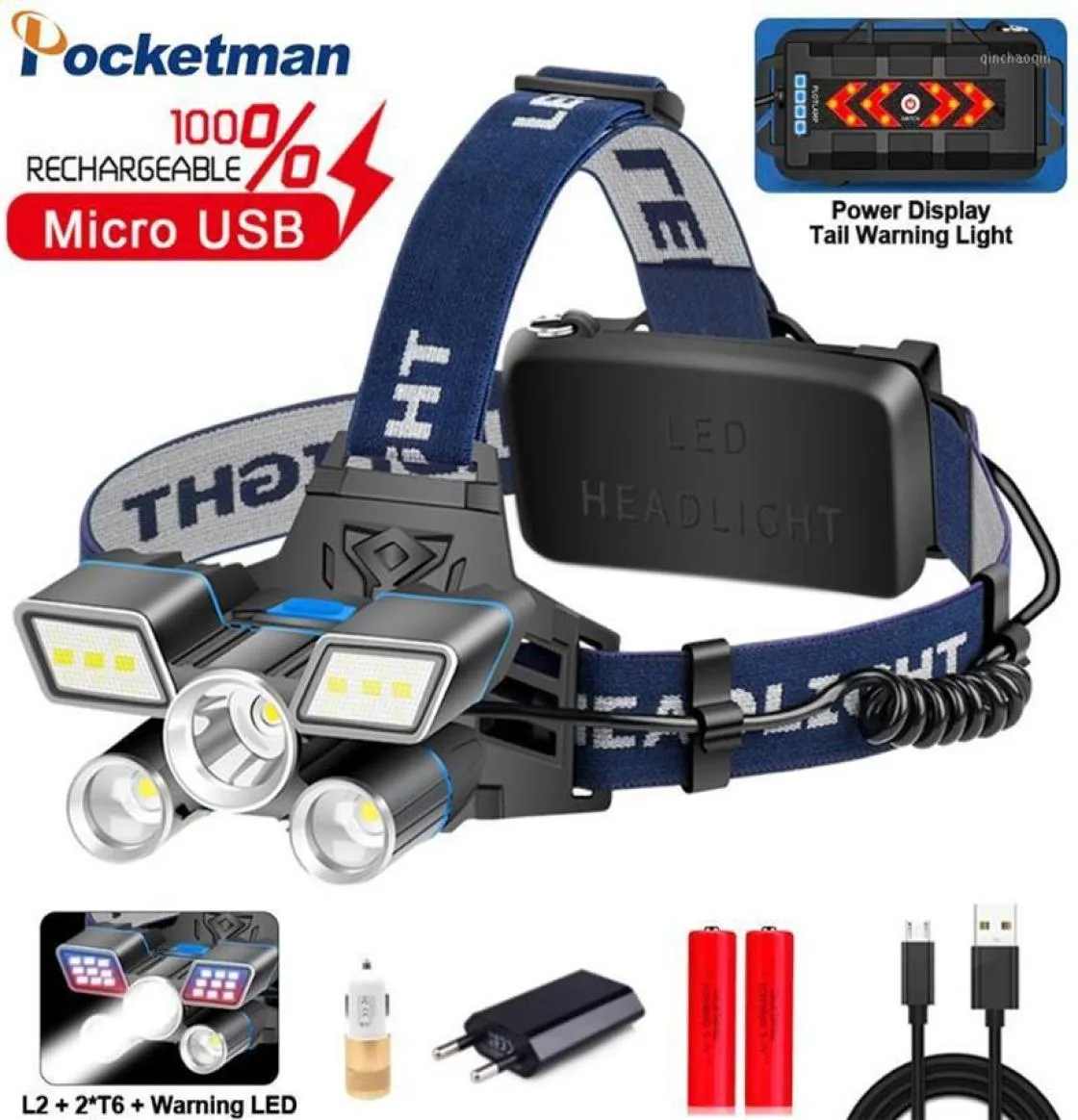 Parlaklar Kırmızı Mavi Beyaz Işık LED far L2 2 T6 Far USB USB Şarj Edilebilir Kafa Işığı Tail Uyarısı Su Geçirmez1254Y6092630