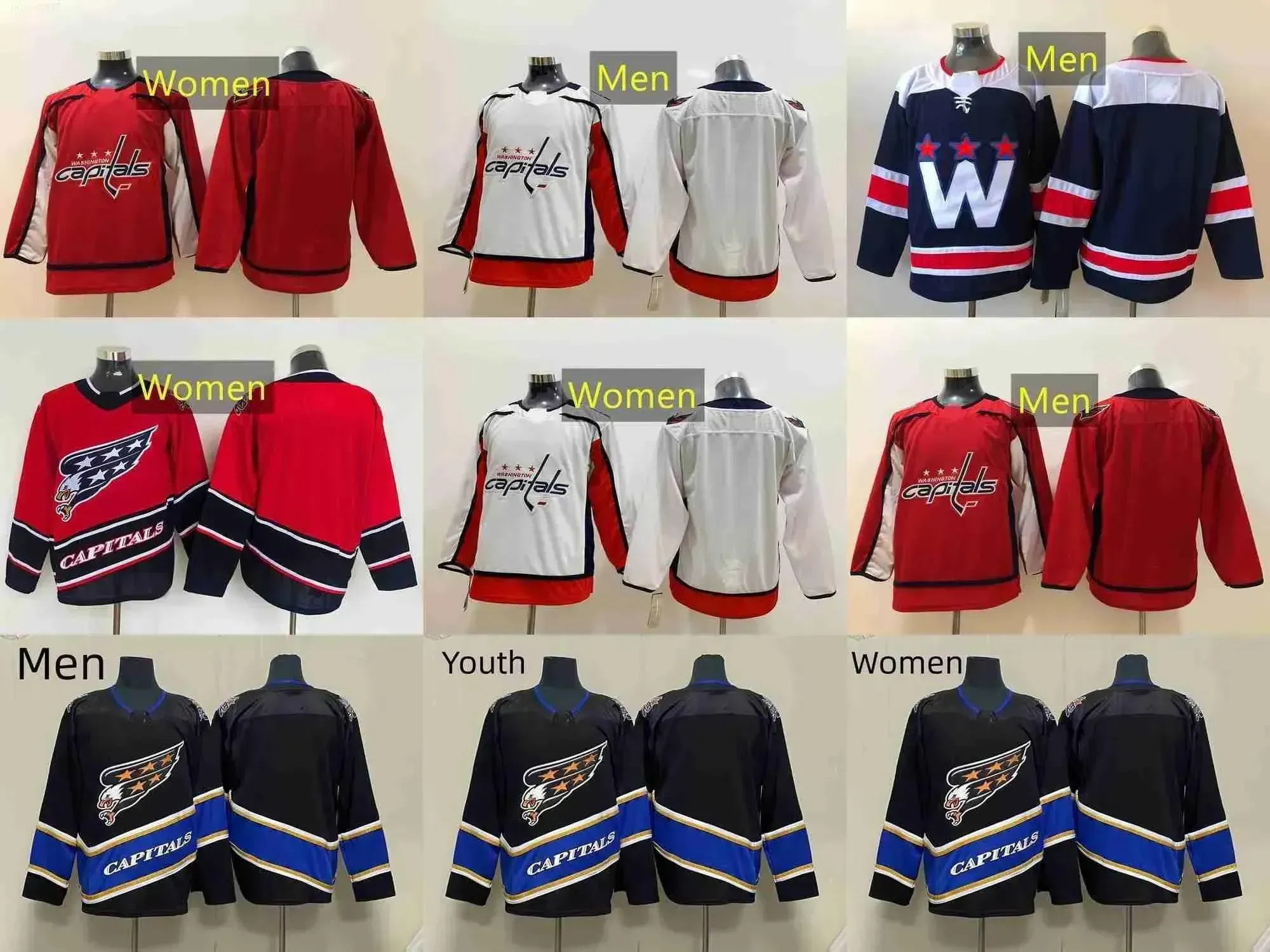 Niestandardowe mężczyźni Młodzież Młodzież Waszyngton''capitals''Hockey Jerseys 8 Alex Ovechkin 92 Evgeny Kuznetsov 42 Martin Fehervary 16 Craig Smith 19 Nicklas Backstrom 96