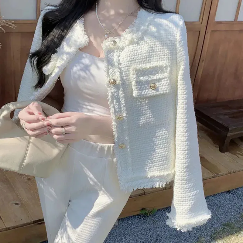 Lucyever Korean Fashion Plaid Tweed Jacke Frauen Weiß Rundhals Abgeschnitten Quaste Mantel Herbst Einreiher Büro Dame Outwear 240307
