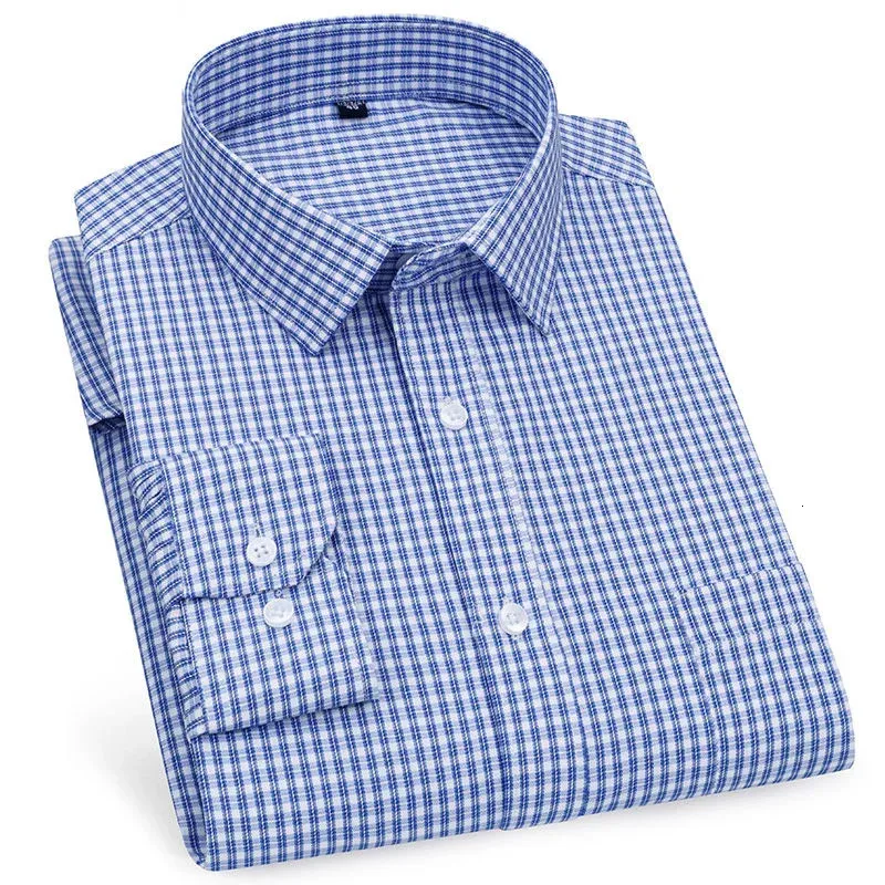 En kaliteli erkekler iş rahat uzun kollu gömlek klasik çizgili ekose kontrollü erkek sosyal elbise gömlekleri Mor Mavi 240301