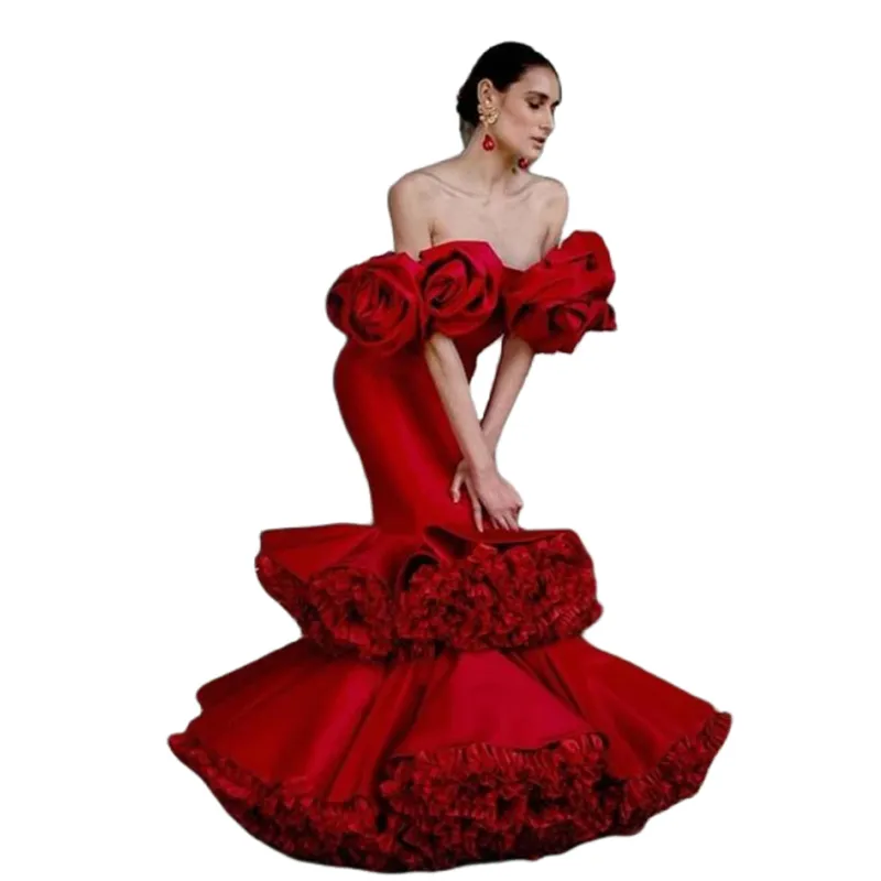 Handmade Red Mermaid Flamenco Red corset prom dress with Tiered Tutu and Floral Embellishments - Floor Length Formal Gown for Women's Special