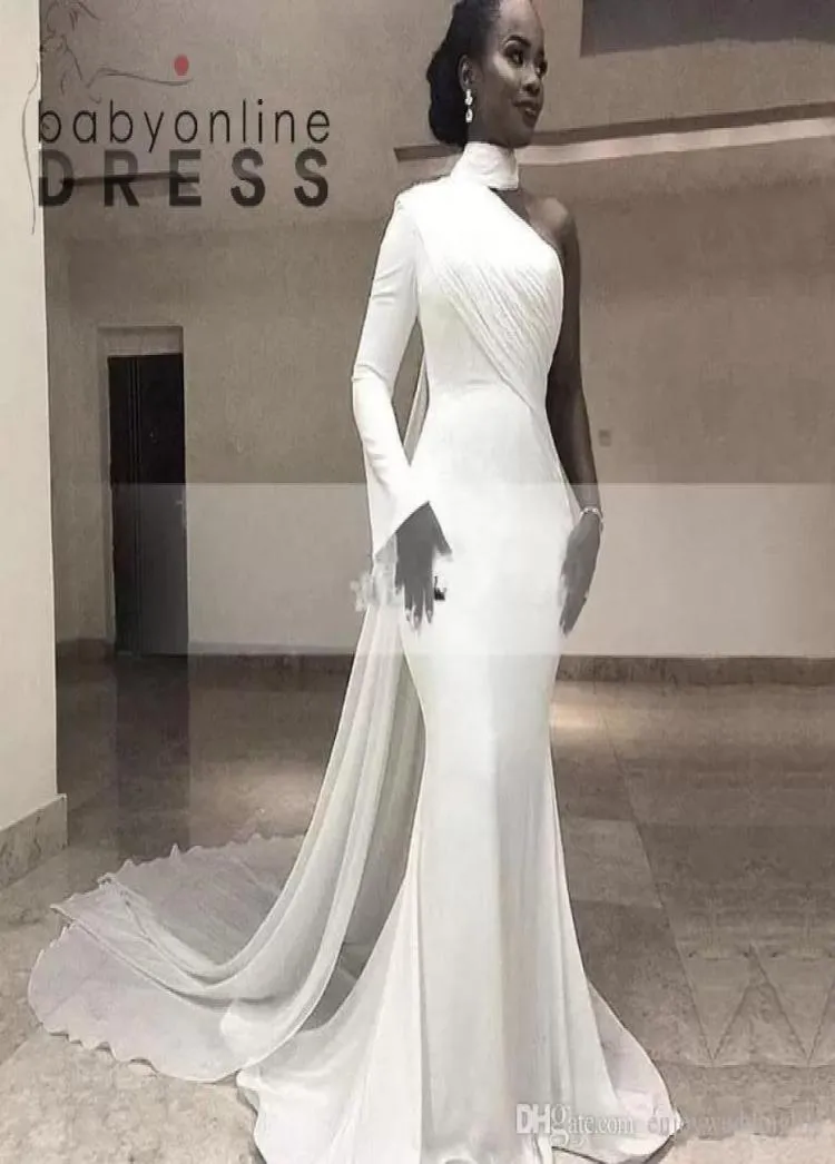 African White High Neck Satin Mermaid Evening Dresses One Shoulder Ruched Sweep Train With Wrap Formal Party Red Carpet Prom Gowns1131865