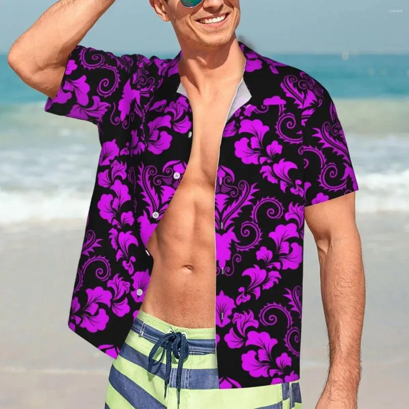 Męskie koszule damaszek Damask Print koszulka fioletowa czarna chłodna hawajska męska plaża harajuku drukowane duże bluzki