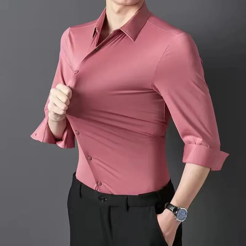 Koszulka męska Wysoka elastyczna i bezkładka wiosenna jesień Cotta Longsleeved Slim Spandex Nonironing Business Rekret 240307