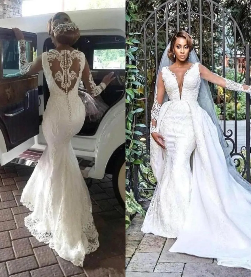 Mermaid Wedding Dresses with Detachable Train 2020 Luxury Lace Applique Beaded Long Sleeve Plus Size Wedding Bridal Gowns9621102