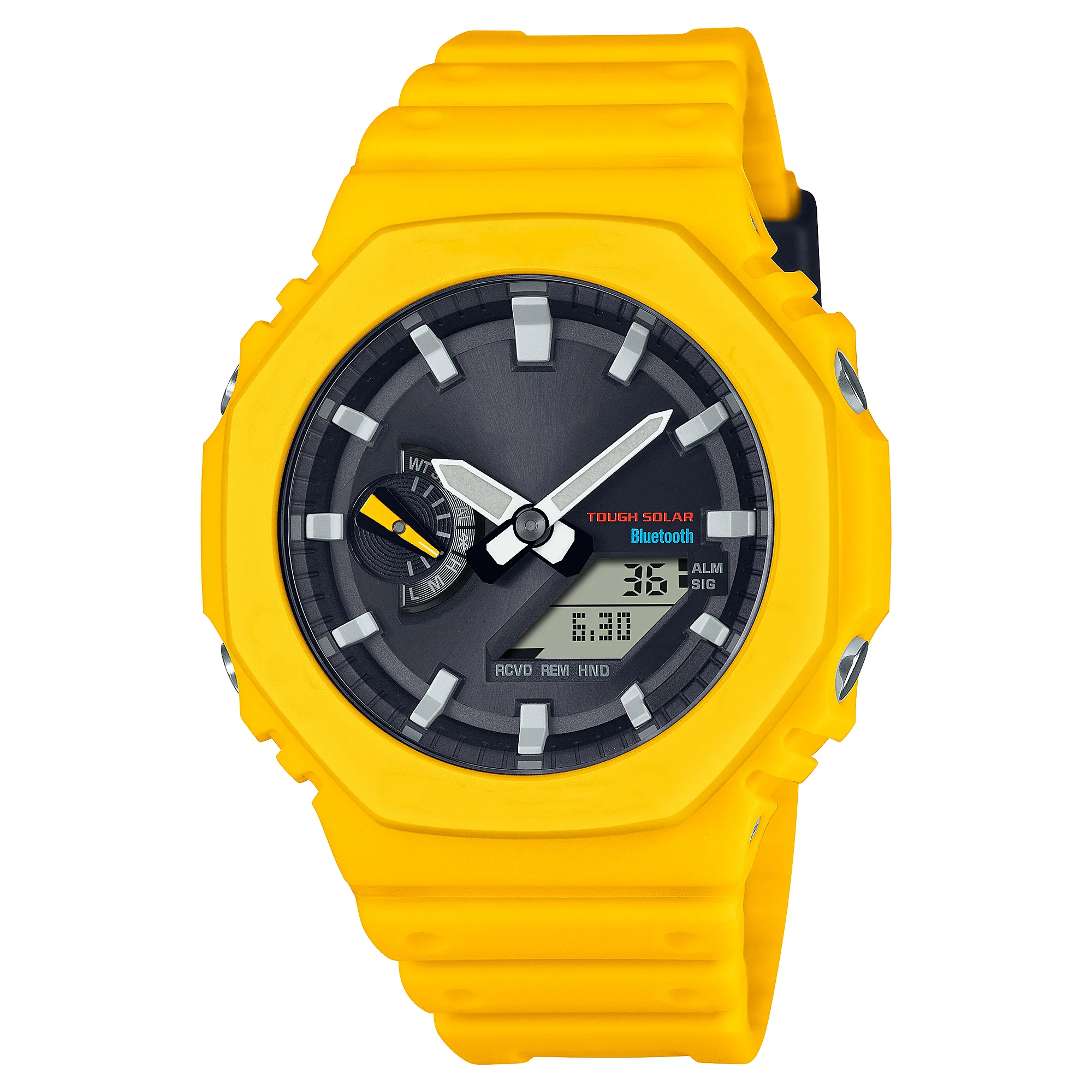 Men's Yellow Sport Digital Quartz 2100 Watch Full Featured World Time LED Automatic Hand Raising Light GA Oak Series 1674