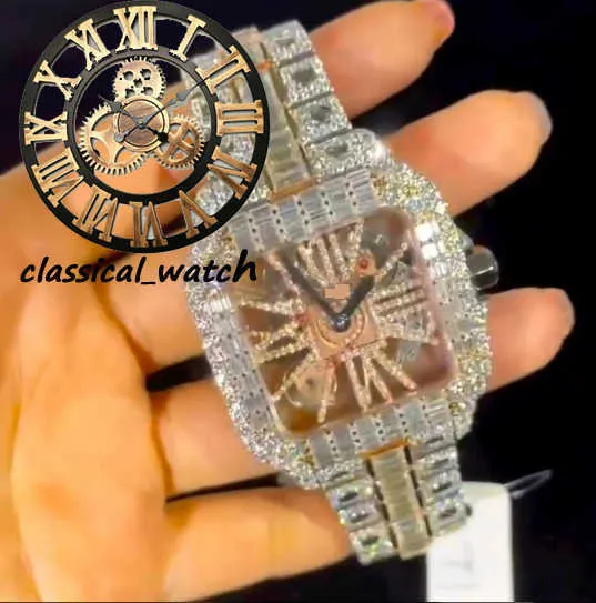 Montre classique en acier inoxydable, squelette Baguette automatique, cadran carré VVS Moissanite, style Hip Hop, buste vers le bas, clignotant scintillant